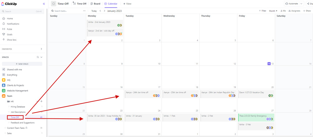 clickup calendar view for tracking time offs