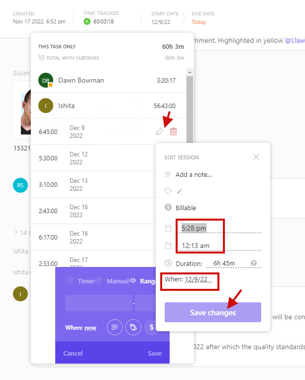 clickup manual time log editing