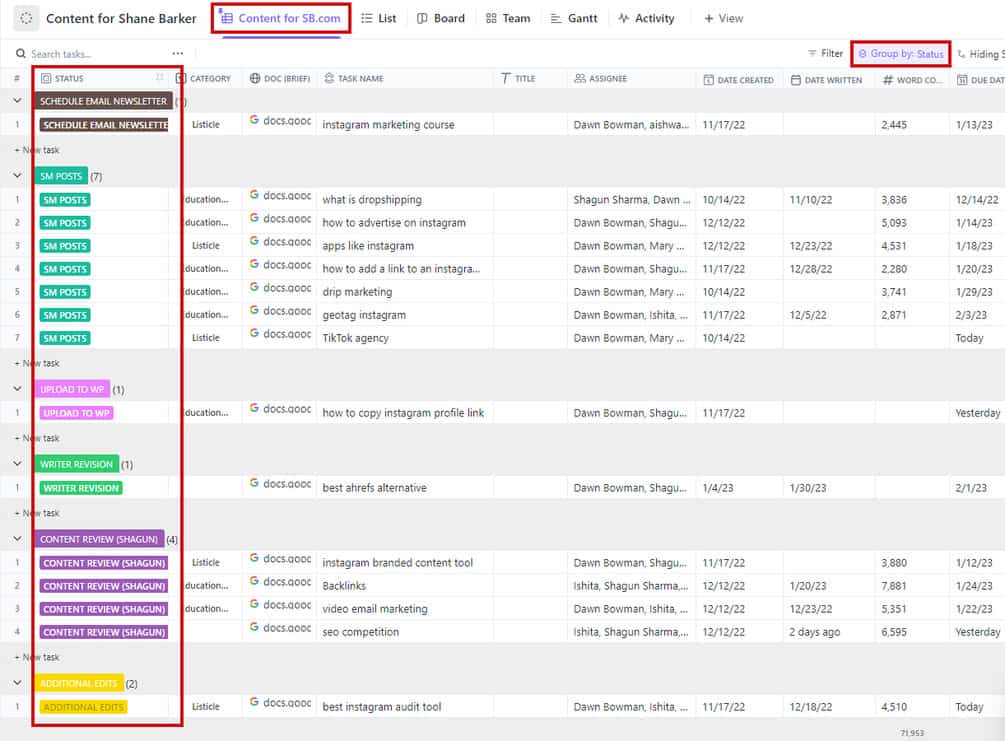 clickup task status of a list