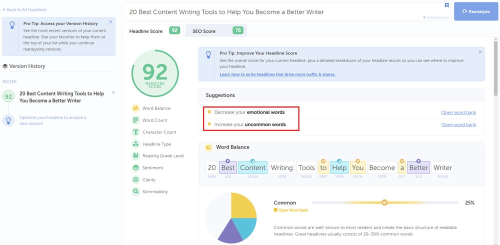 coschedule's headline analyzer results