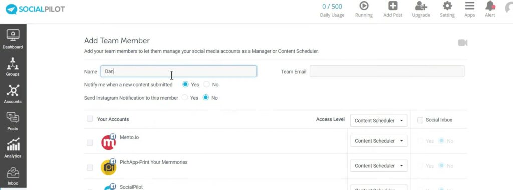 socialpilot team member dashboard