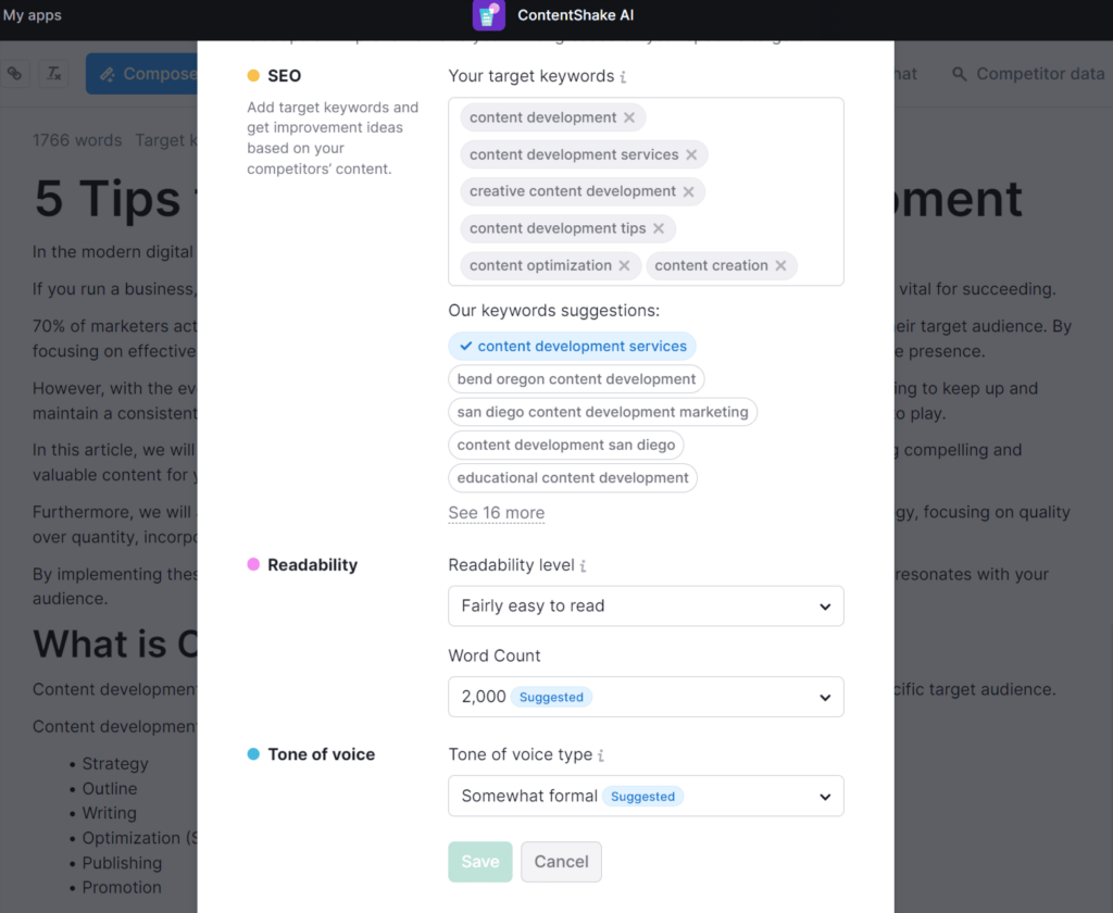 add custom keywords, word count, readability level, tone of voice for contentshake ai articles