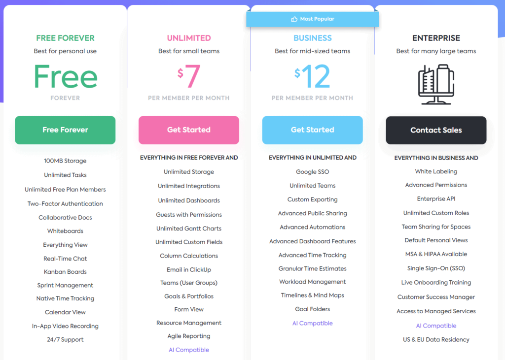 clickup pricing plans