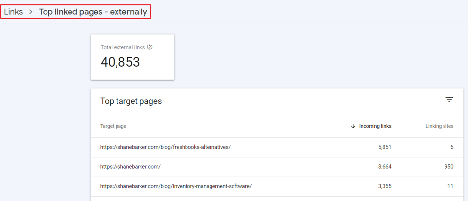 google search console - top linked pages (externally)