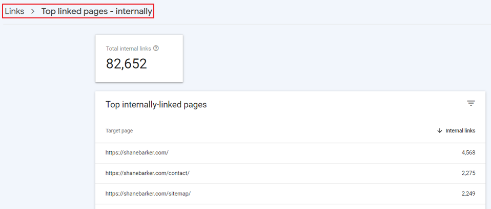 google search console - top linked pages (internal)
