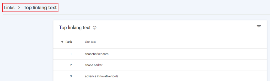 google search console - top linking text