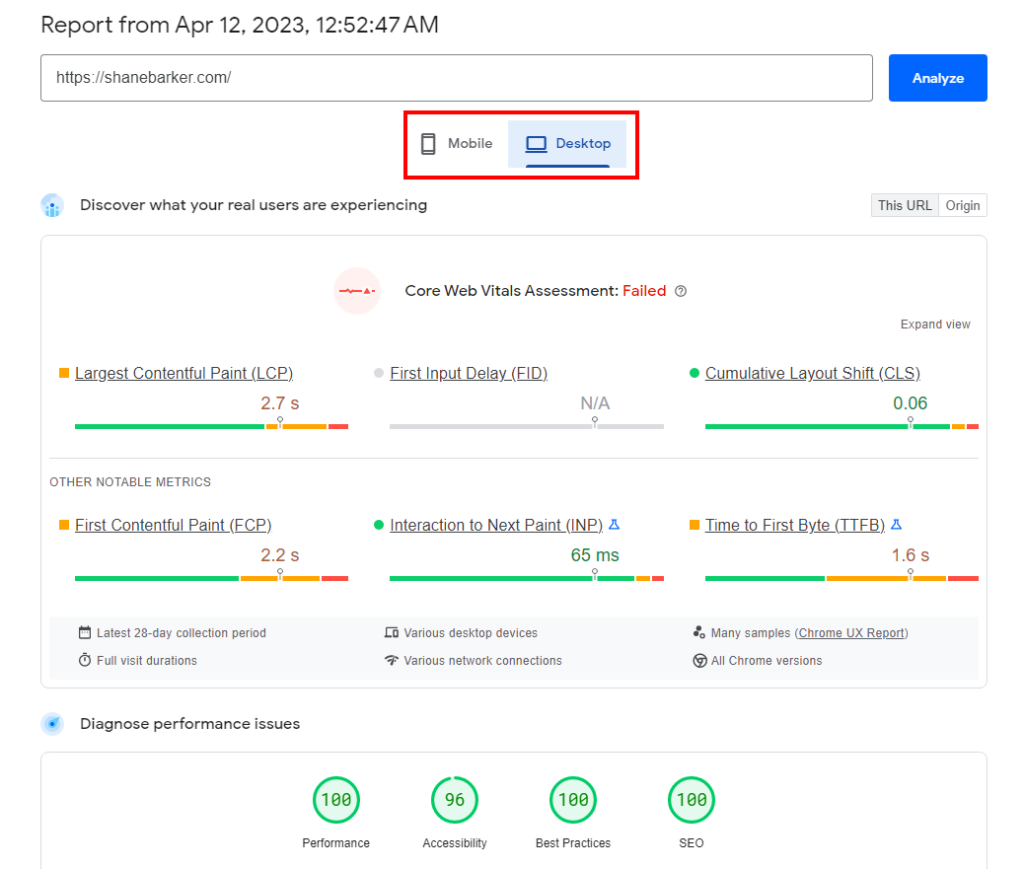 google's pagespeed insights report