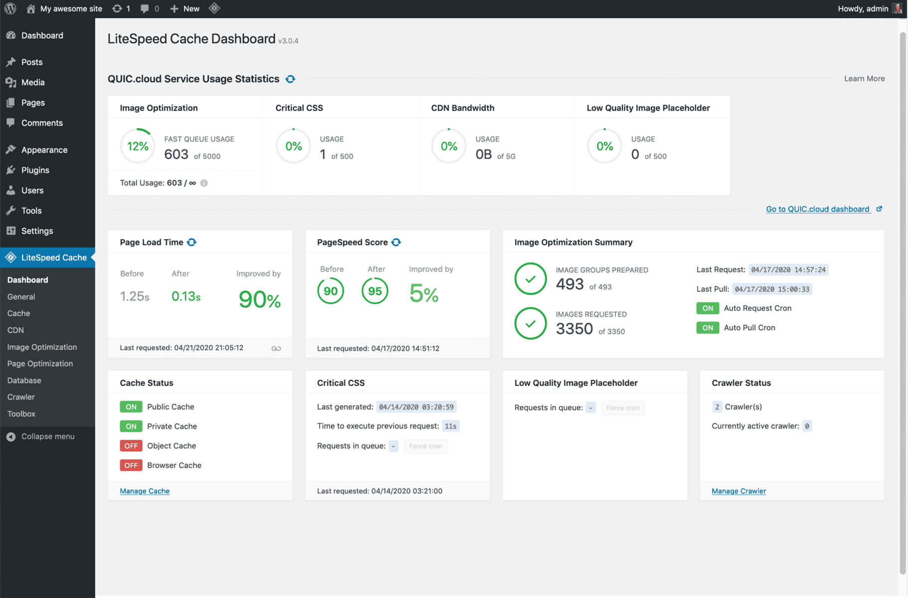 litespeed cache dashboard