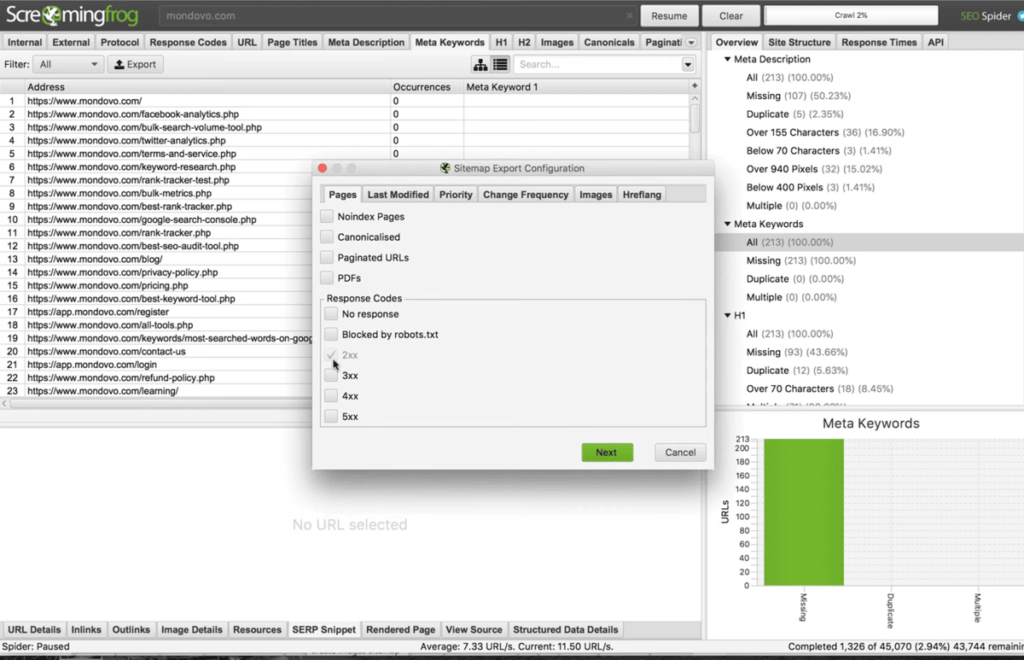 screaming frog dashboard 2