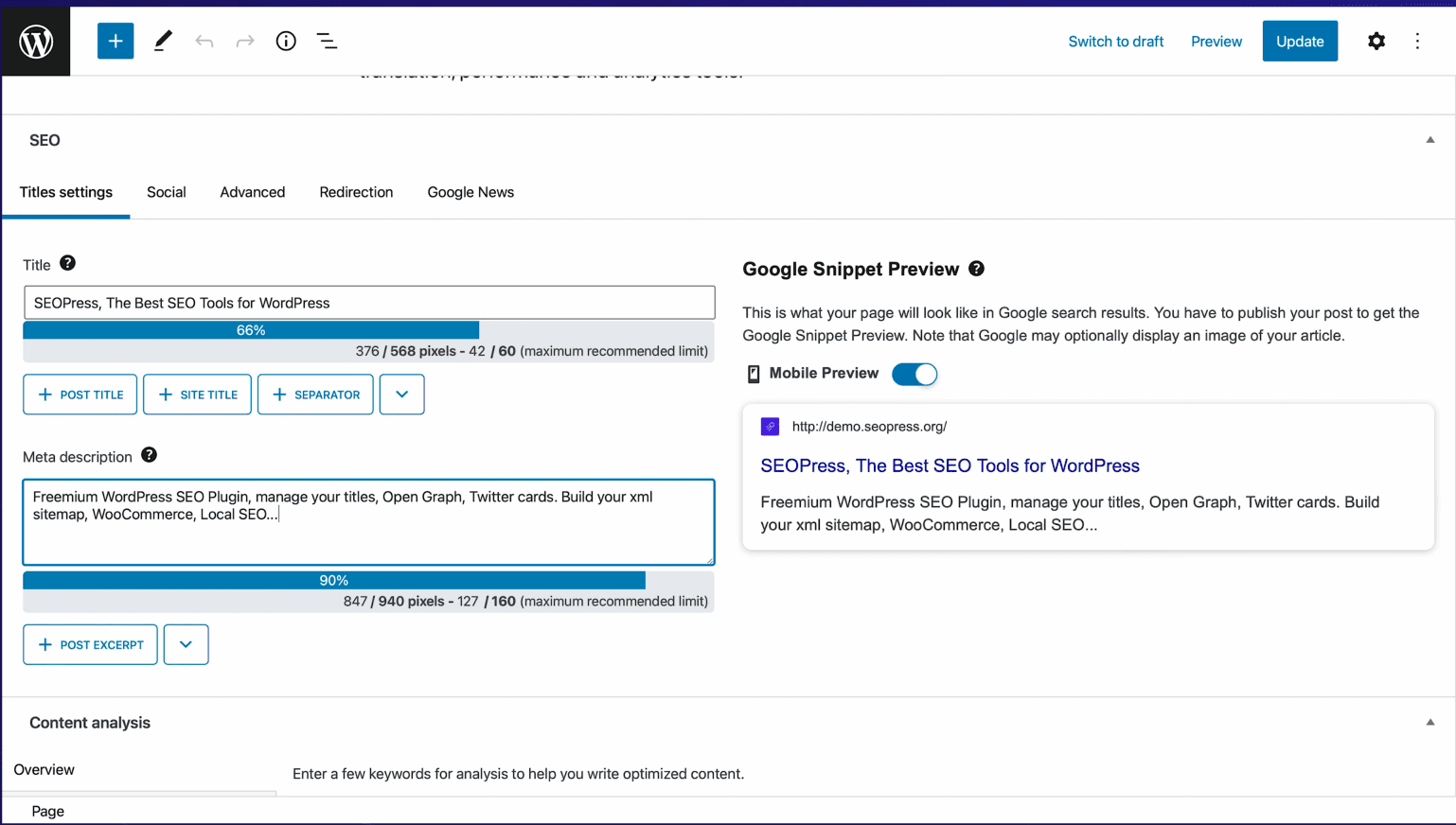 seopress titles settings