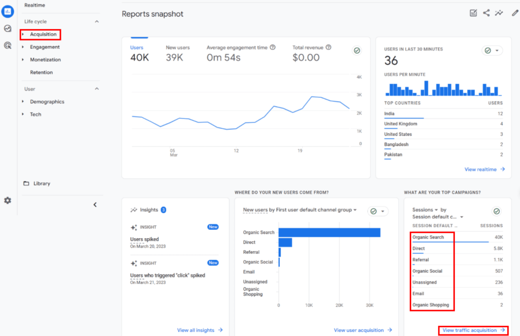 shane's google analytics website traffic acquisition report