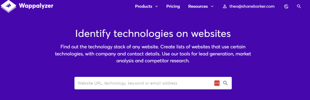 wappalyzer landing page